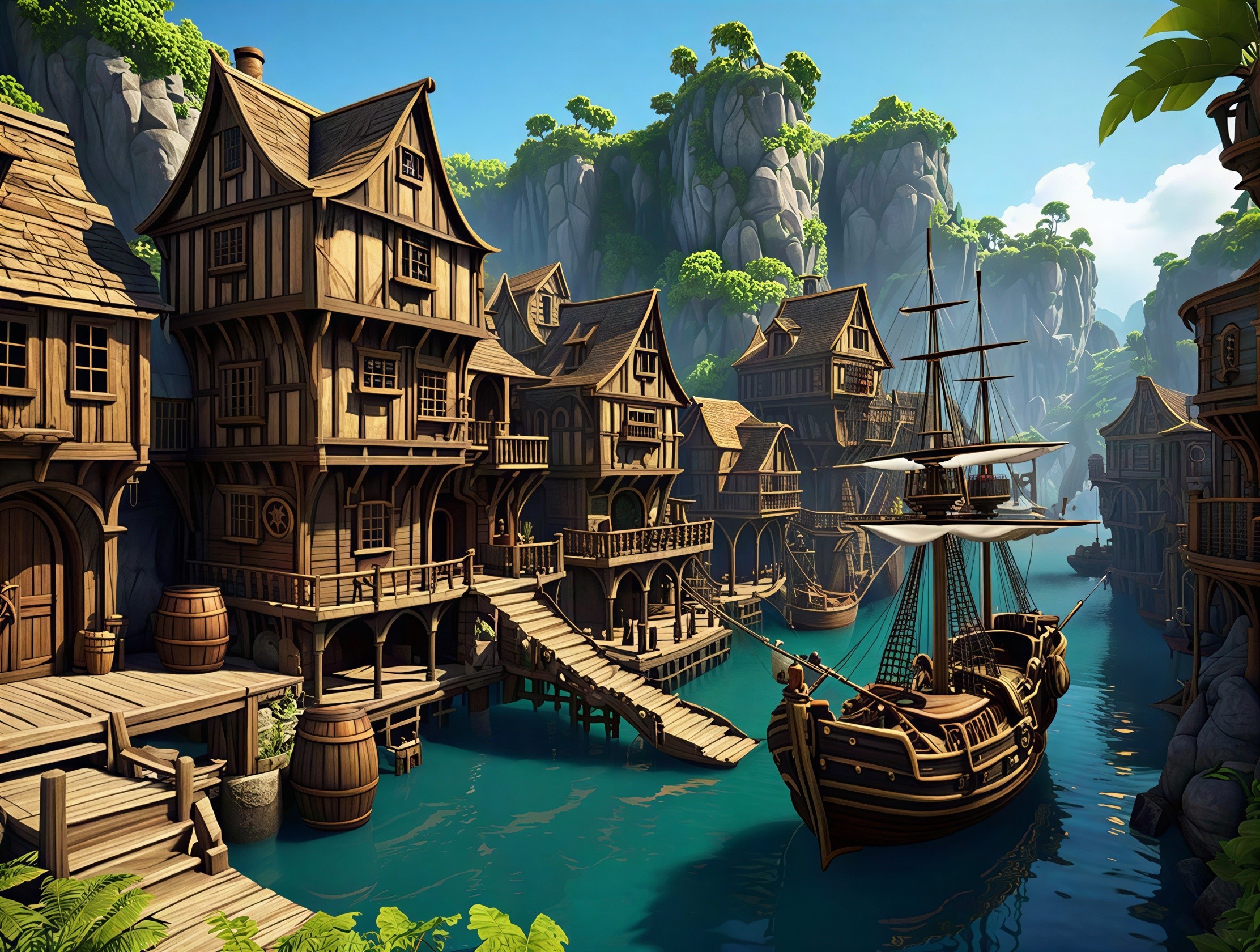 Cinematic Full Shot of a Hidden Pirate Cove Scene