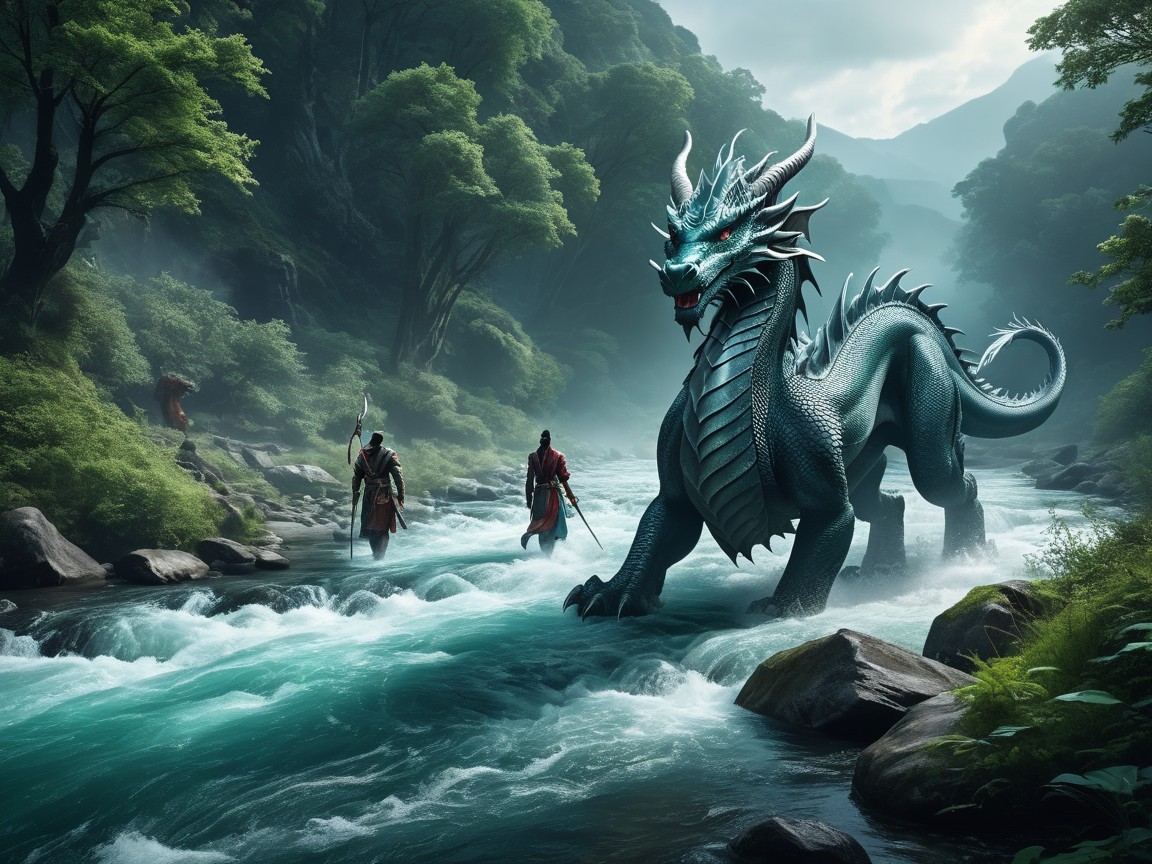 Horned Dragon Observing Warriors in Turquoise River