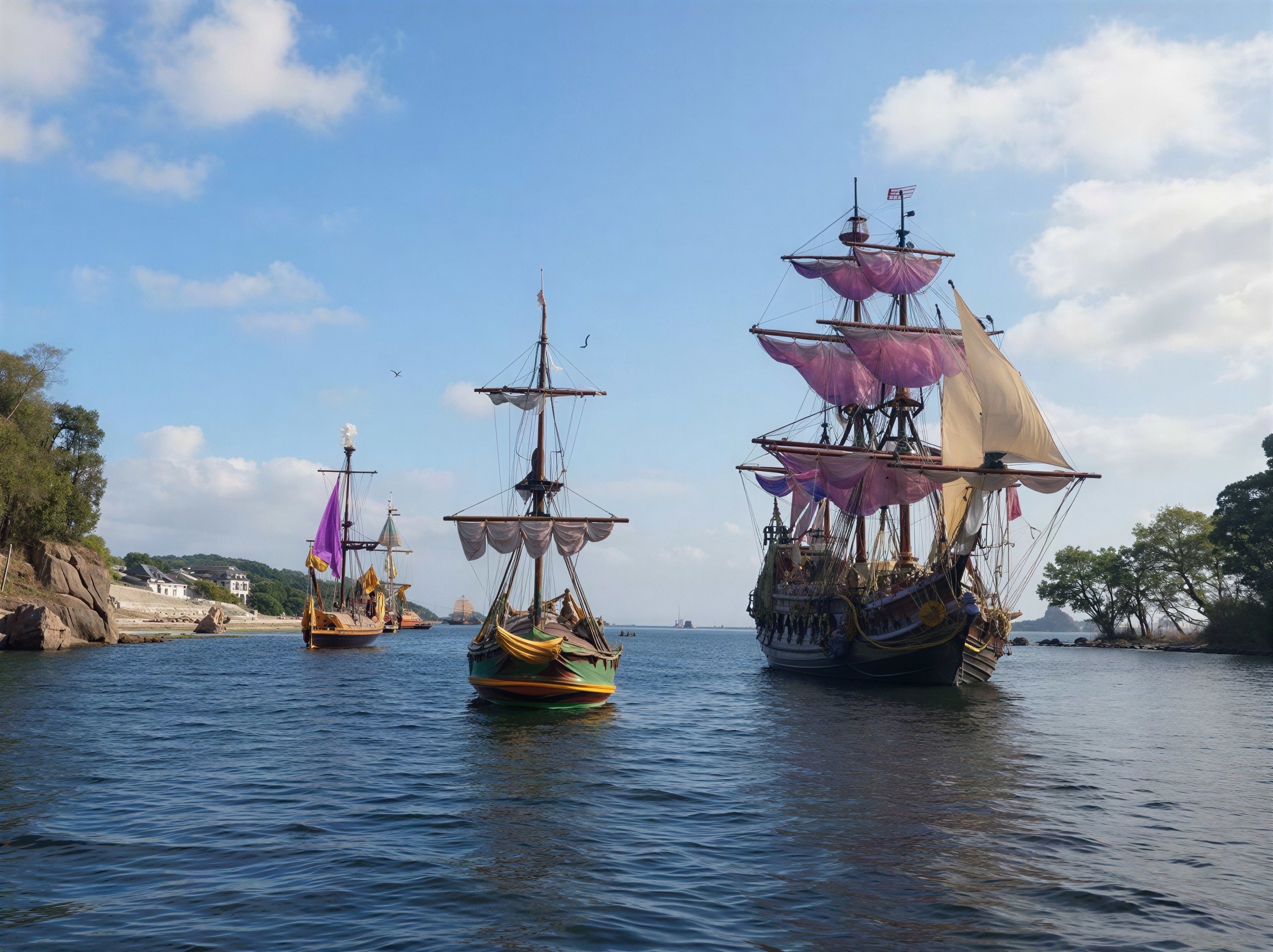 Colorful Pirate Ships on Blue Ocean Under Sky