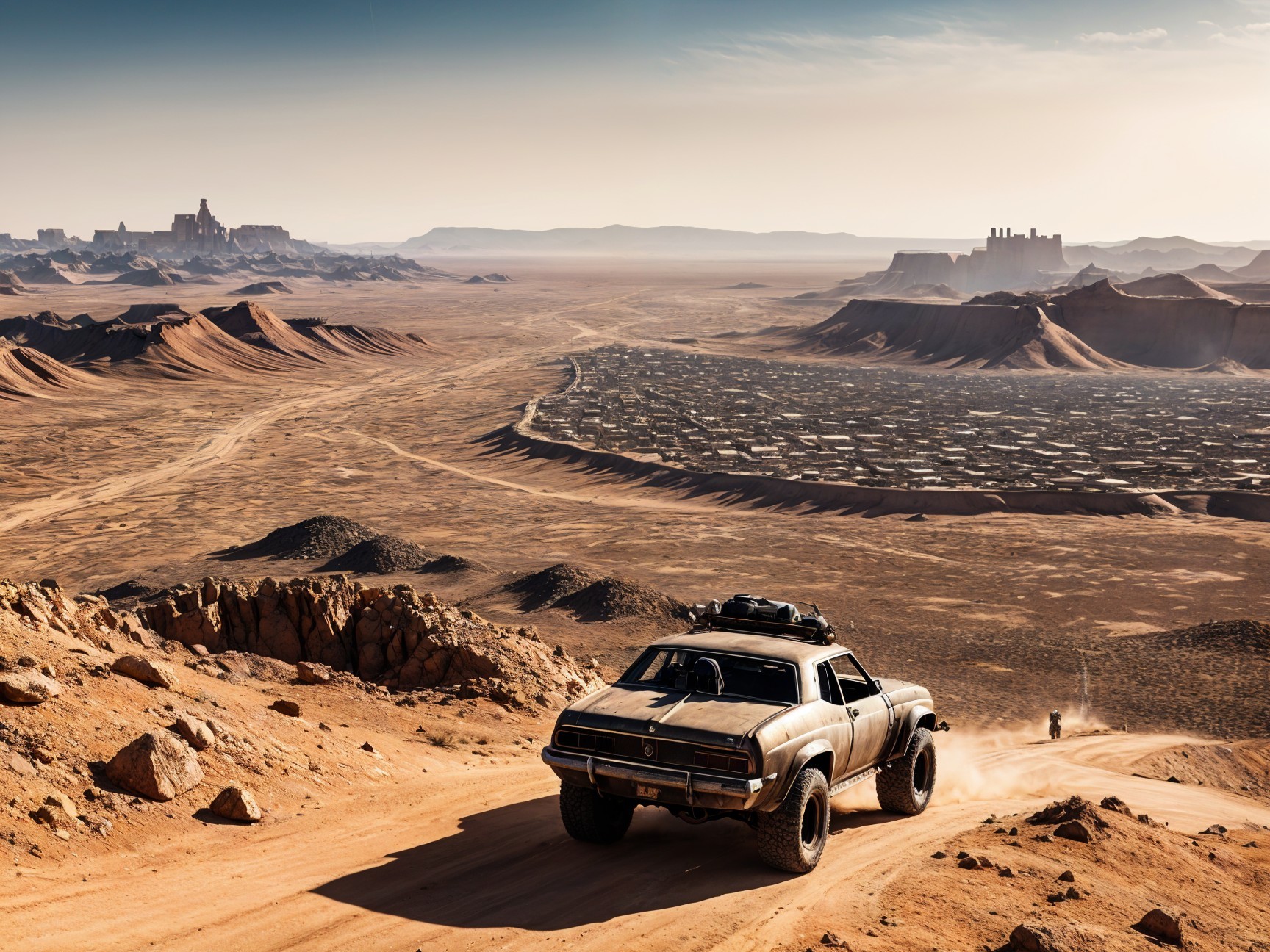 Modified Vehicle in Desert with Ancient City Background