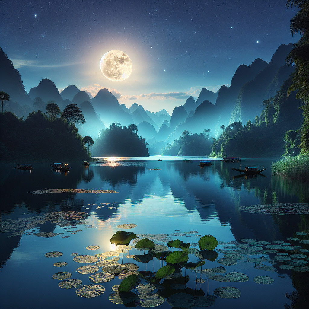 Moonlit Landscape Over Tranquil Lake and Mountains
