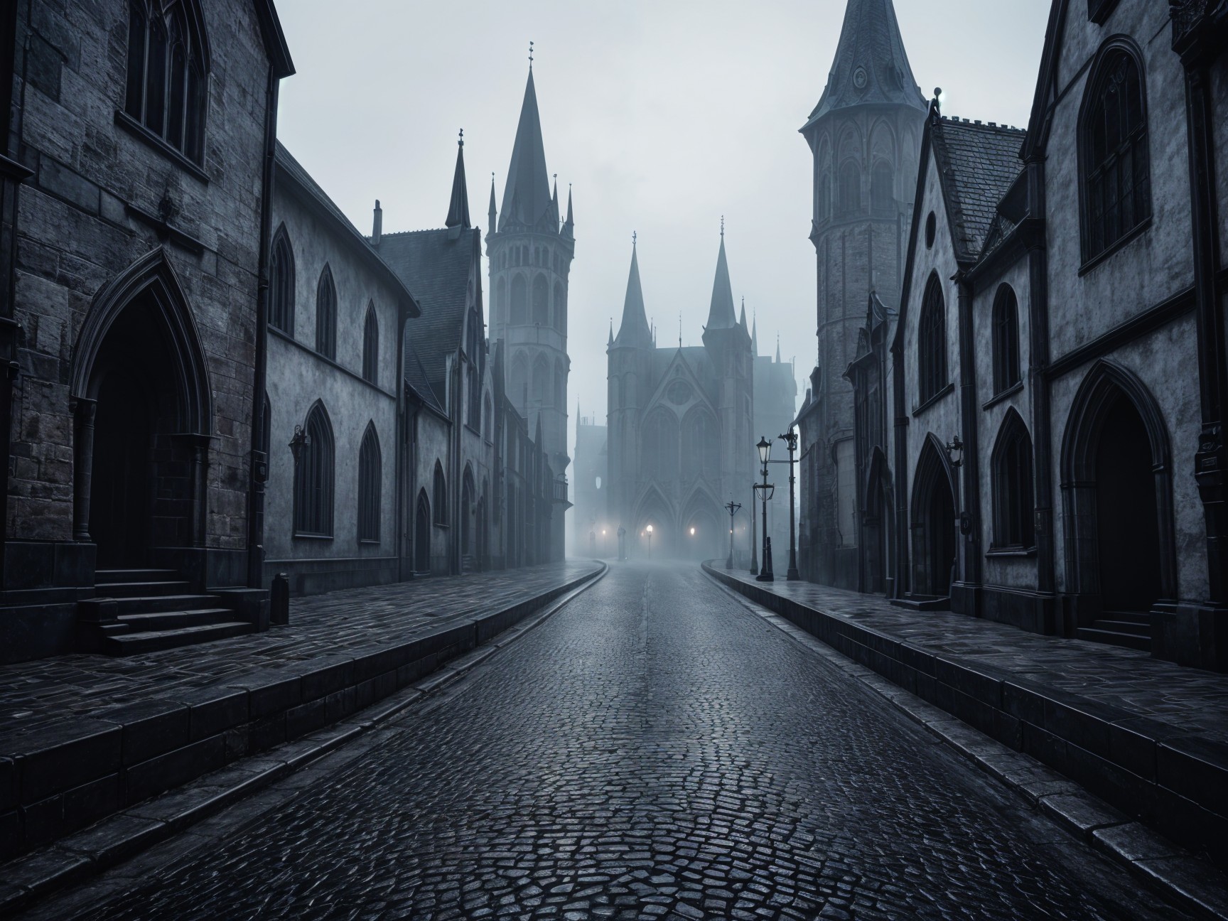 Foggy Cobblestone Street Among Gothic Architecture