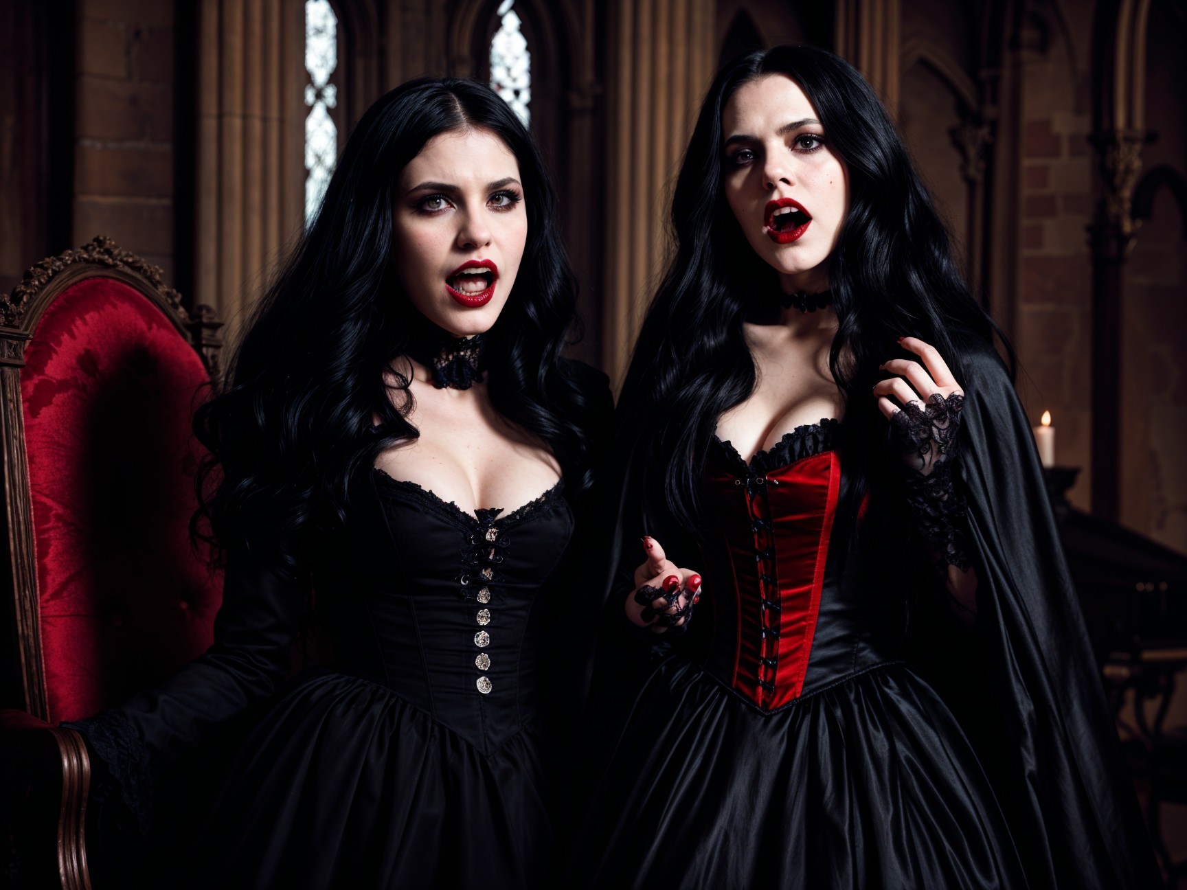Gothic Scene with Two Women in Dark Elegant Gowns