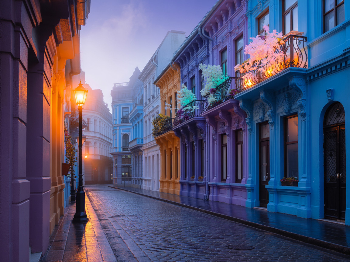 Misty Street Scene with Colorful Buildings and Greenery