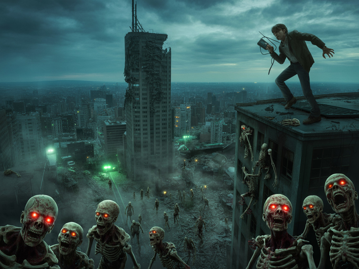 Solitary Figure in Post-Apocalyptic City with Undead