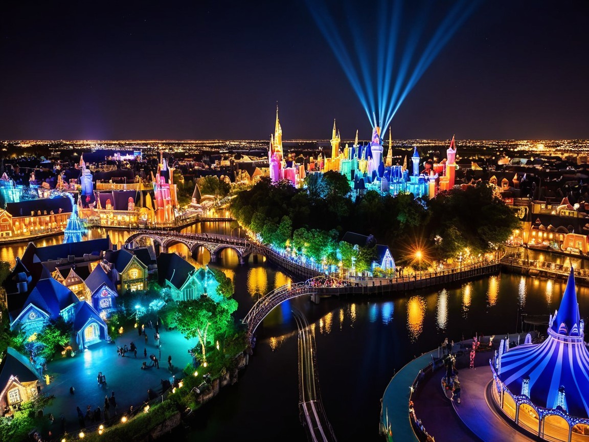 Vibrant Nighttime Theme Park with Colorful Lights