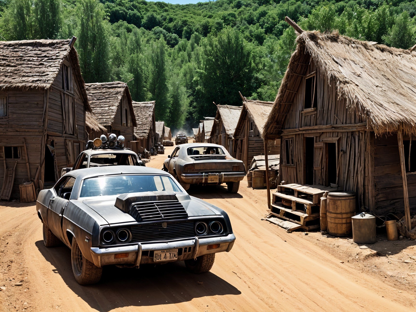 Dirt Road Through Rustic Village with Vintage Cars