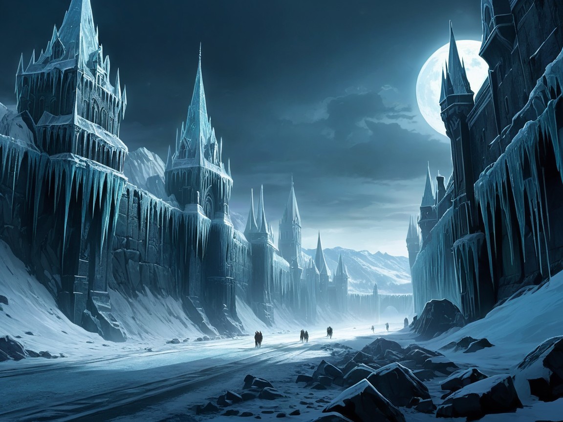 Ice-Capped Castle in a Moonlit Snowy Landscape