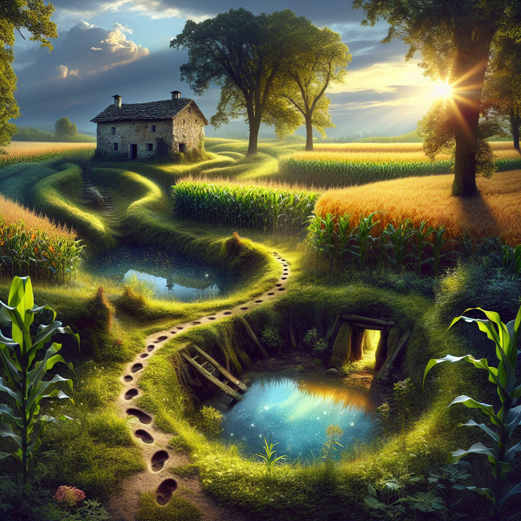 Serene landscape with stone house and tranquil ponds
