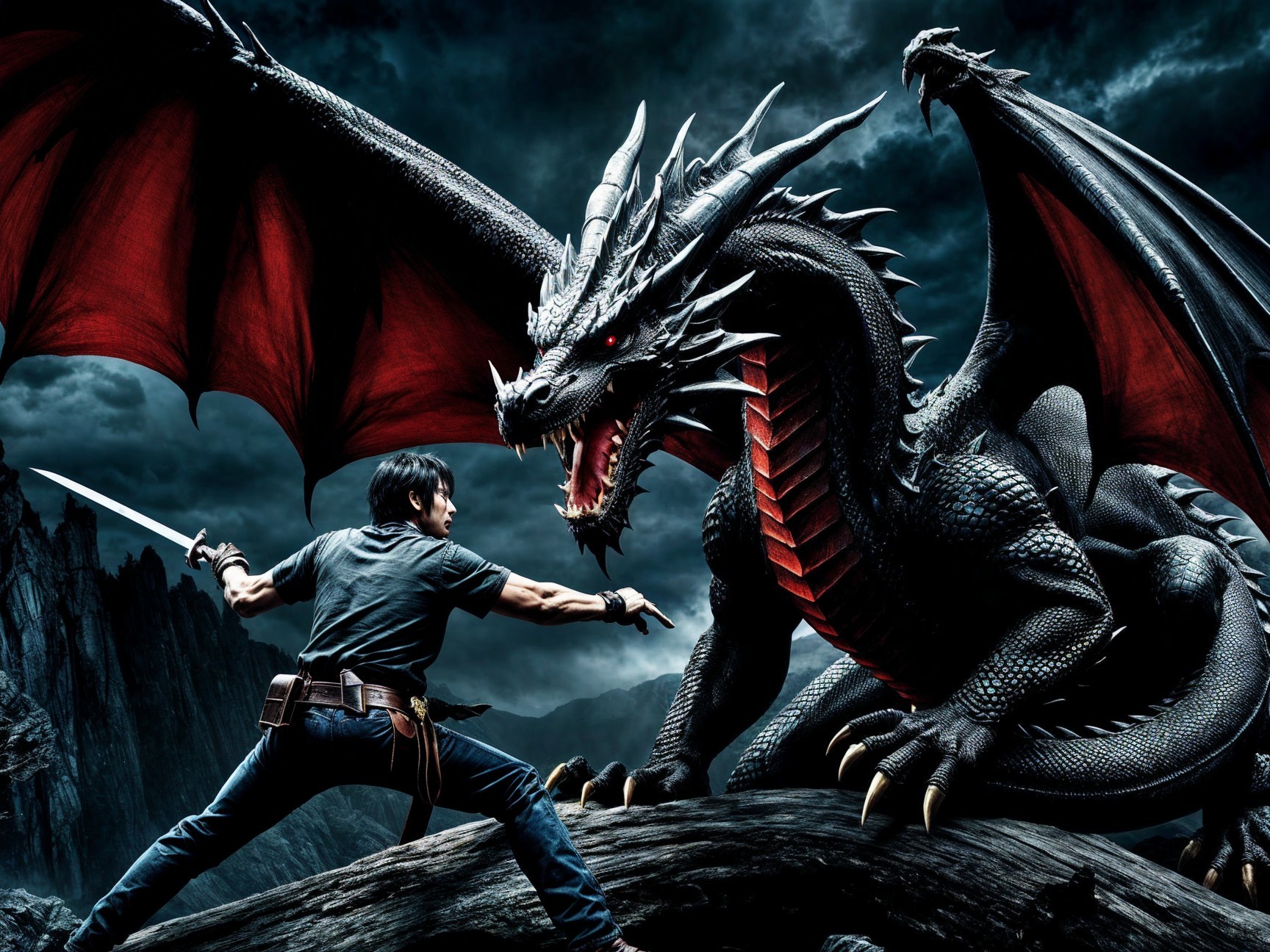 Heroic Warrior Faces Black Dragon in Dramatic Battle