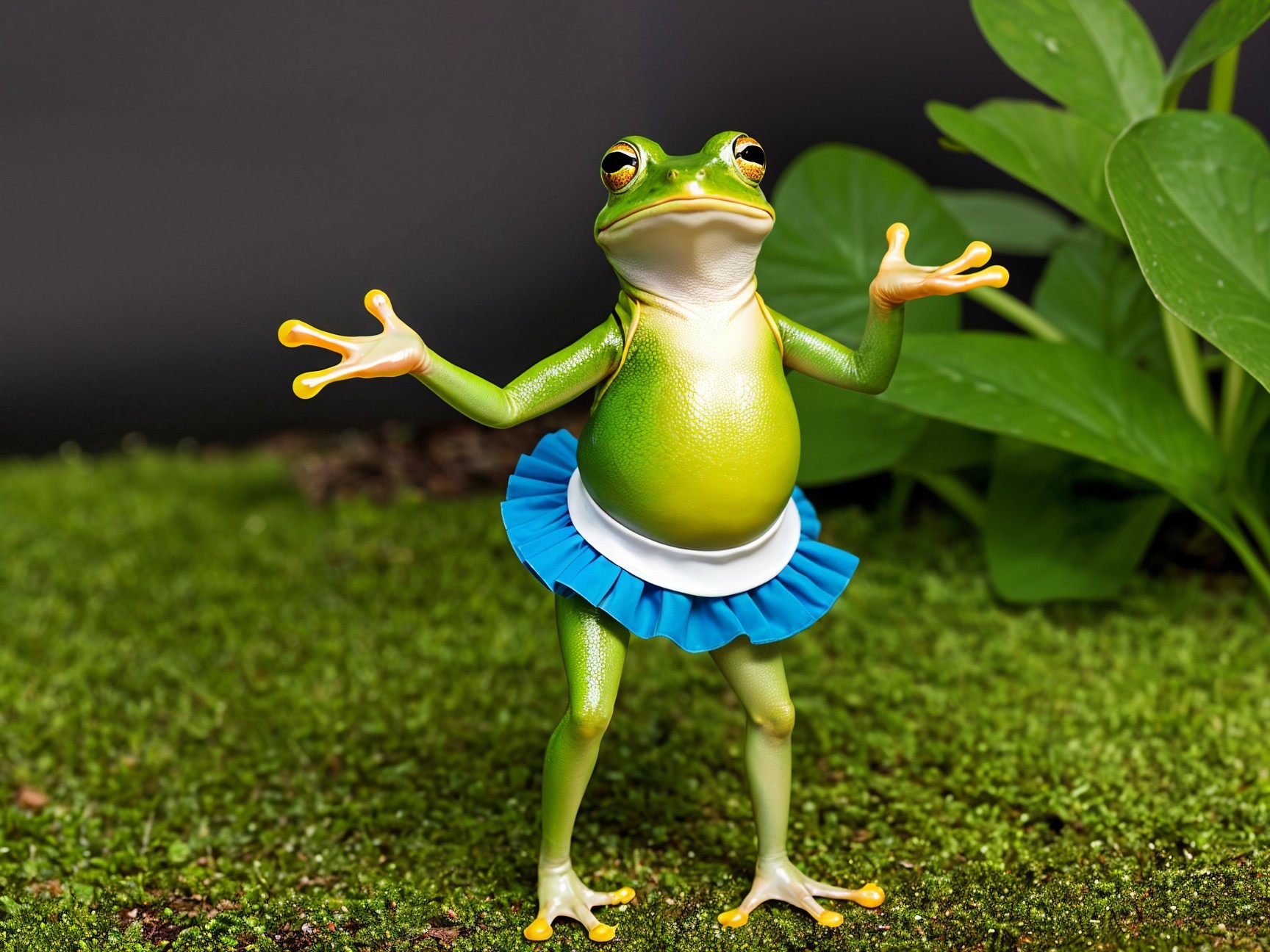 Whimsical Frog in Tutu on Mossy Background