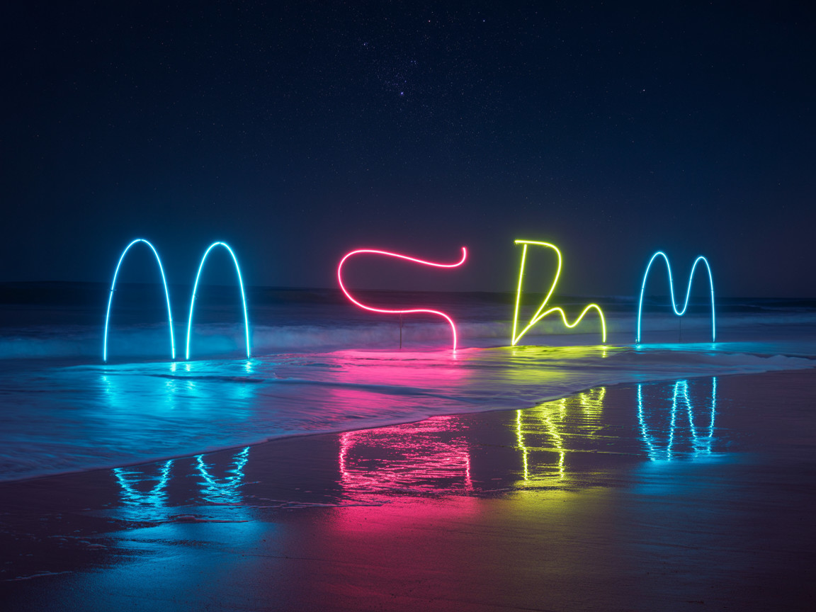 Serene Night Beach Scene with Neon Light Trails
