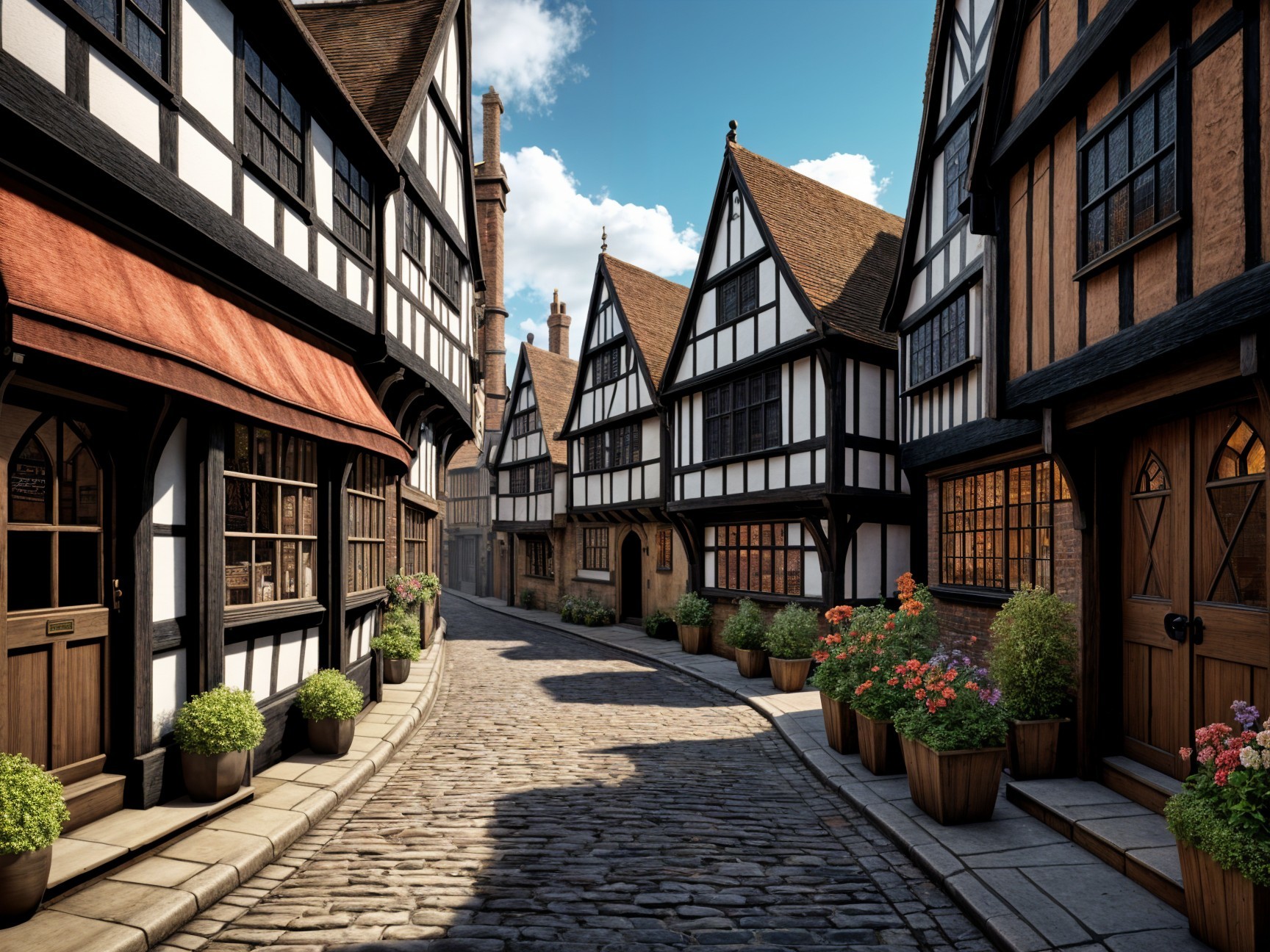 Charming Cobblestone Street with Half-Timbered Houses