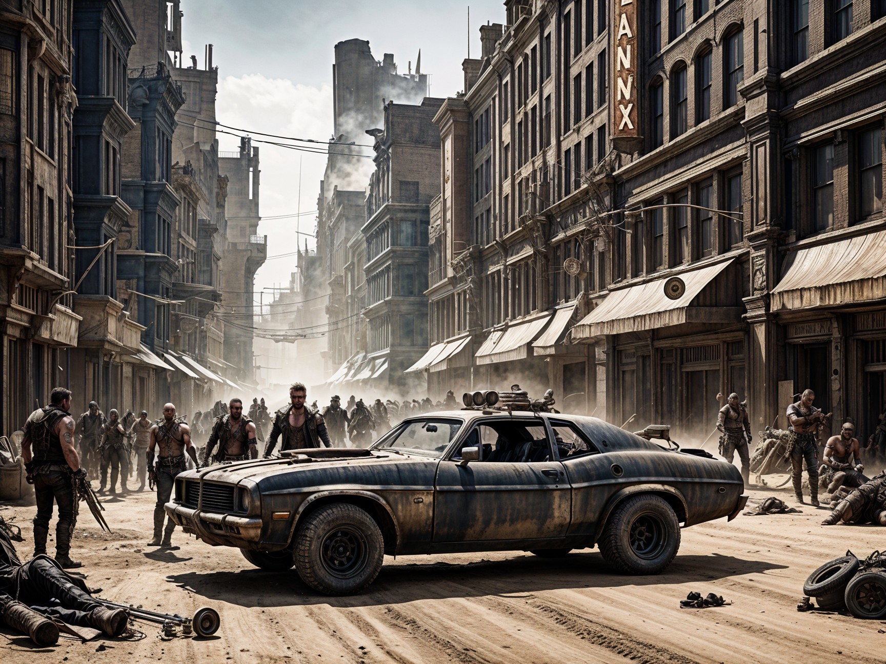 Post-Apocalyptic Cityscape with Gritty Figures and Car
