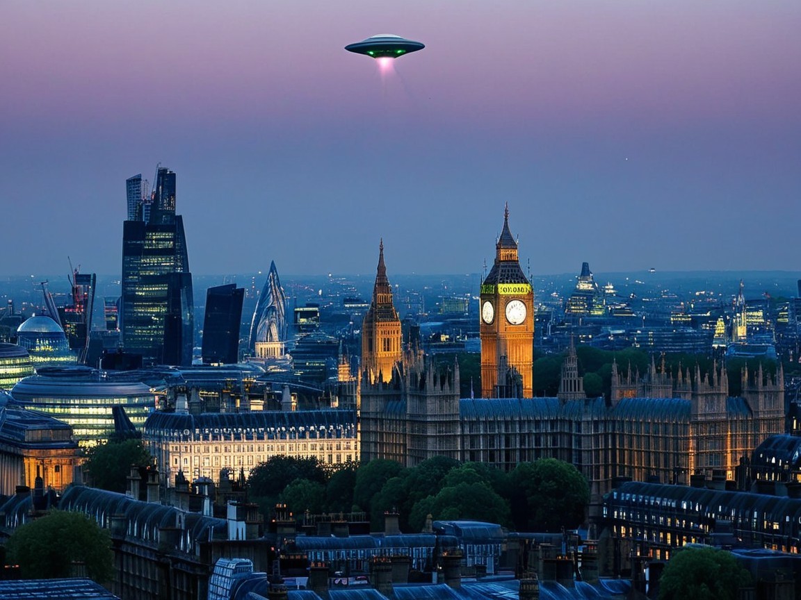 Twilight View of London with UFO and Iconic Landmarks