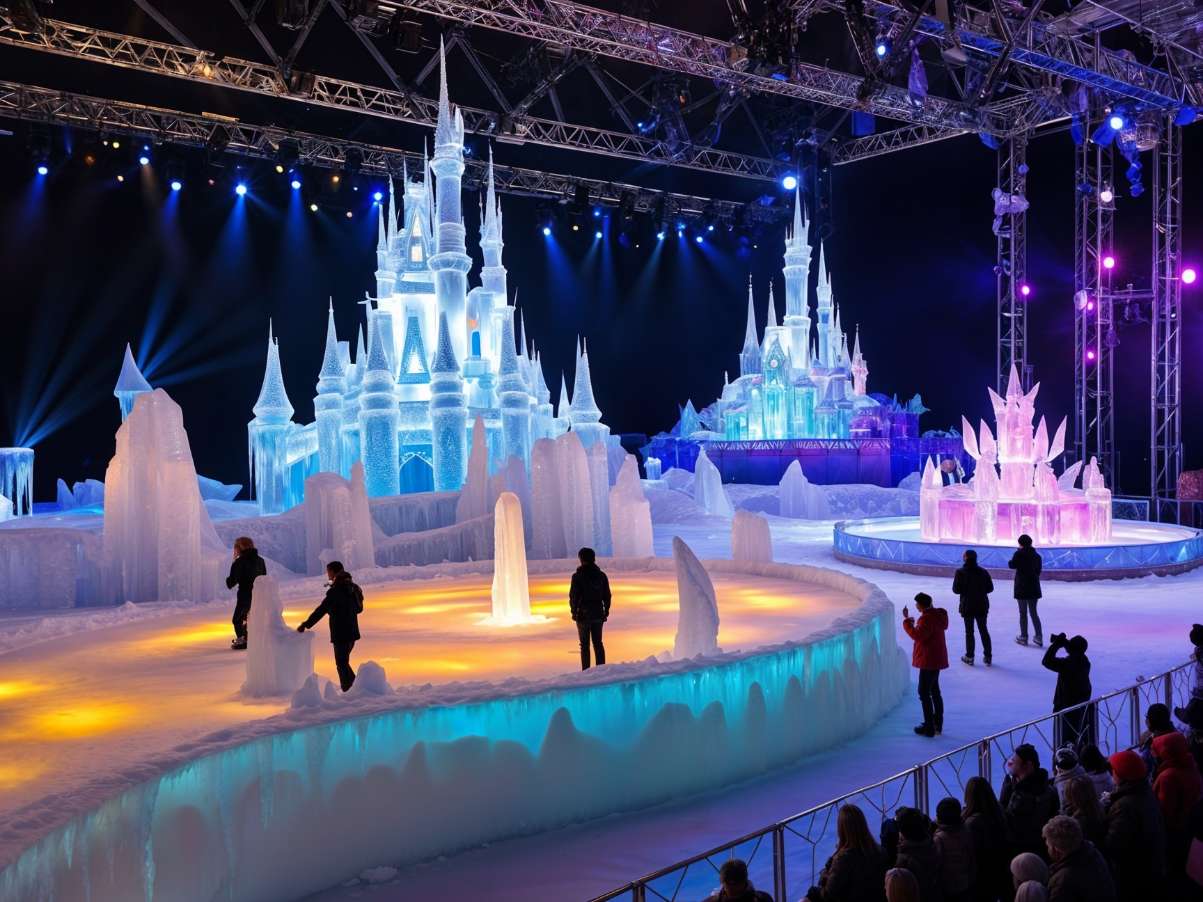 Intricate Ice Castle with Colorful Lighting Effects