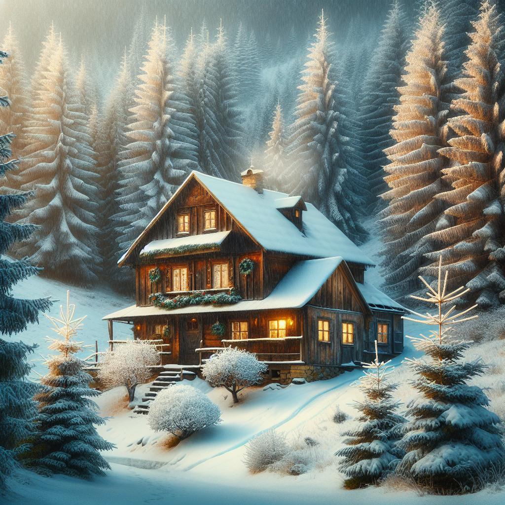 Cozy Wooden Cabin in a Snowy Forest Setting