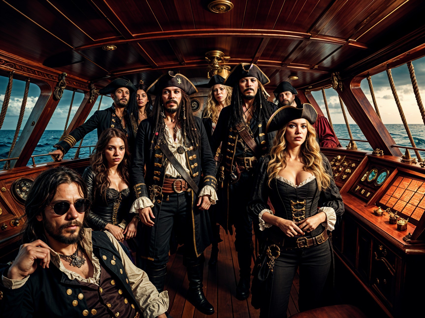 Pirates in 18th-Century Attire Aboard a Ship