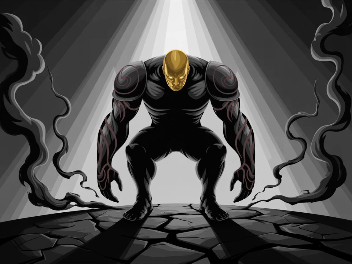 Humanoid Figure with Tattoos and Golden Head in Light