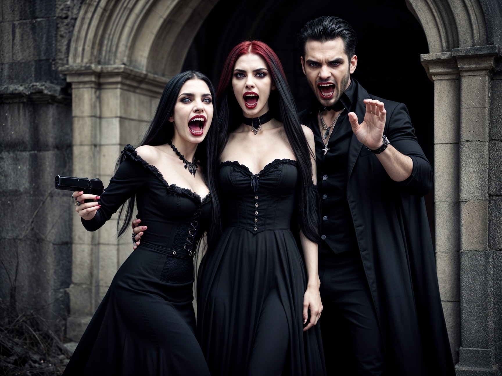 Gothic Trio in Dark Archway with Vampire Theme