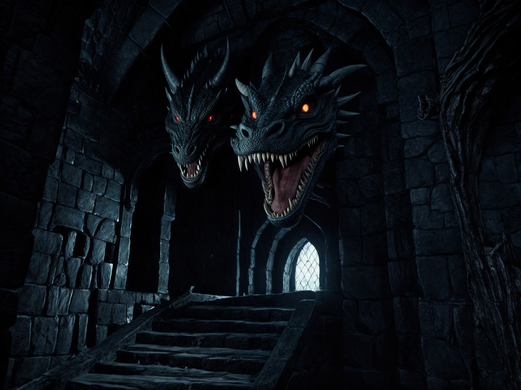 Dragon Heads in Dimly Lit Stone Castle Chamber