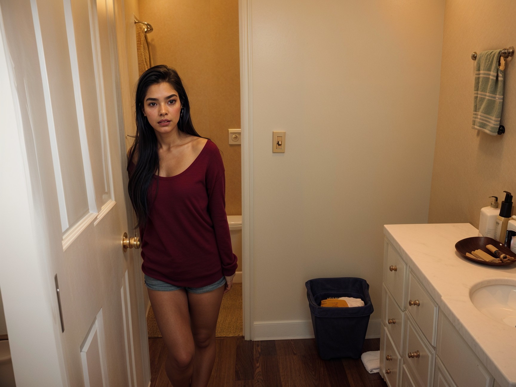 Young Woman by Open Bathroom Door in Casual Setting
