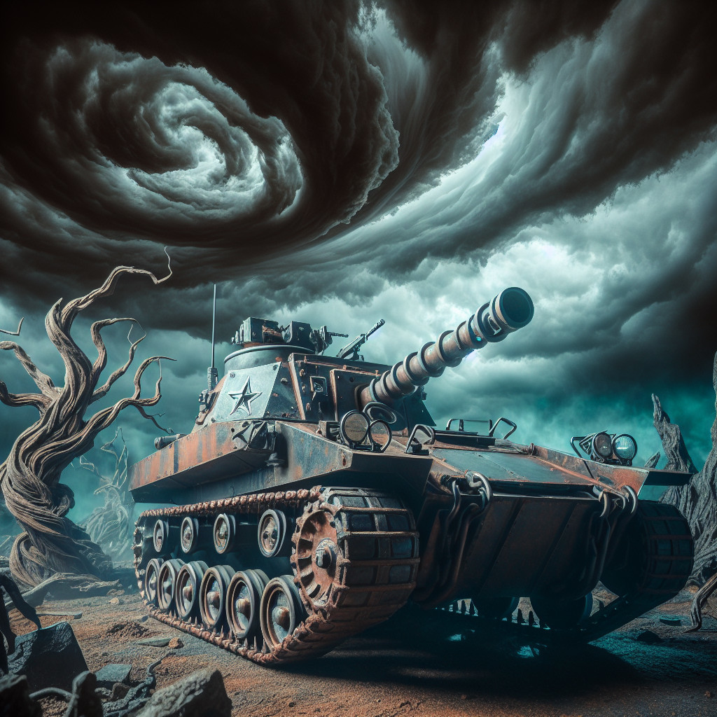 Weathered Tank in Desolate Landscape Under Ominous Sky