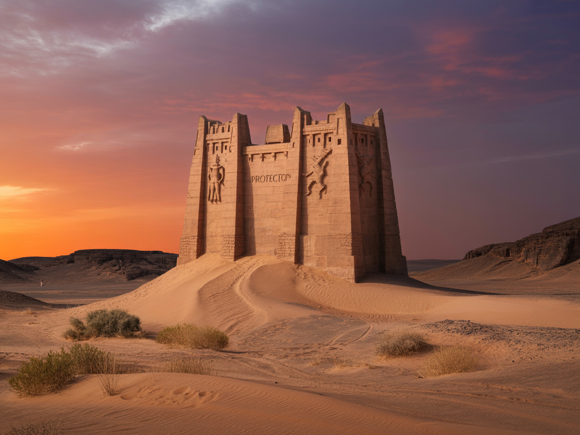 Stone Fortress on Sand Dune at Sunset
