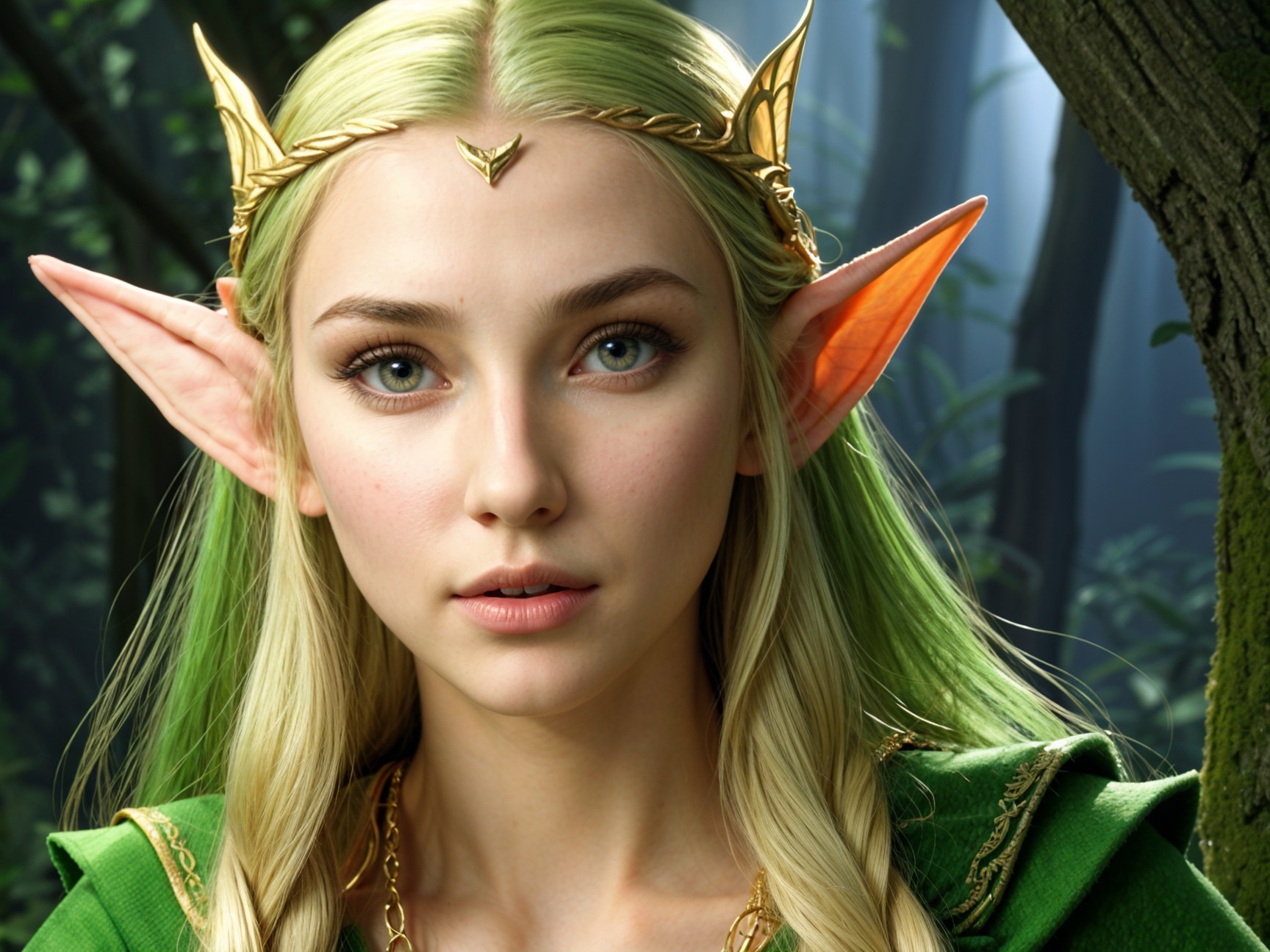 Fantasy Character with Green Hair in Forest Setting