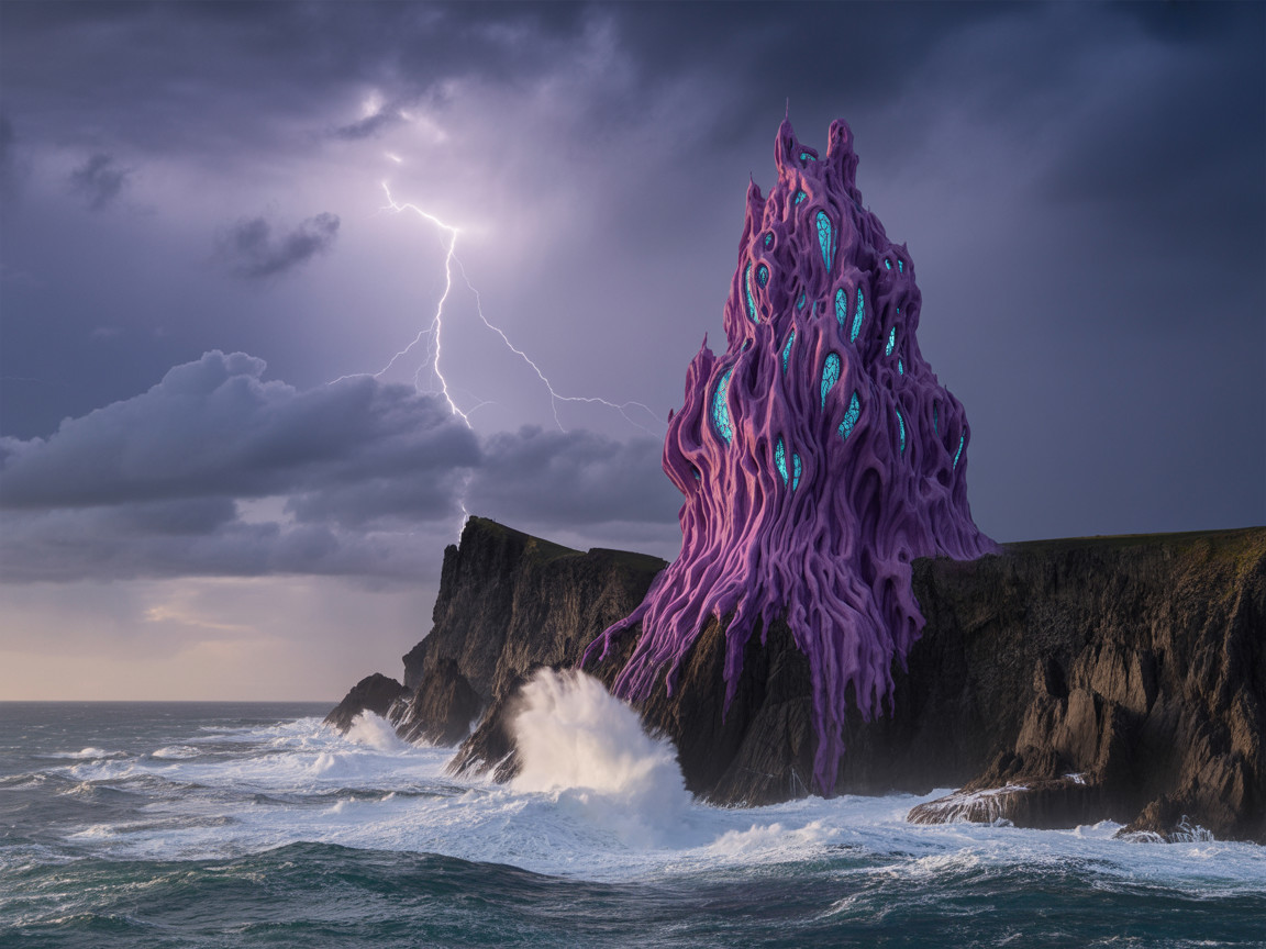Surreal Landscape with Purple Structure and Stormy Ocean