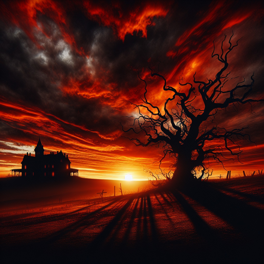 Twisted Tree and Mansion in Vibrant Sunset Landscape