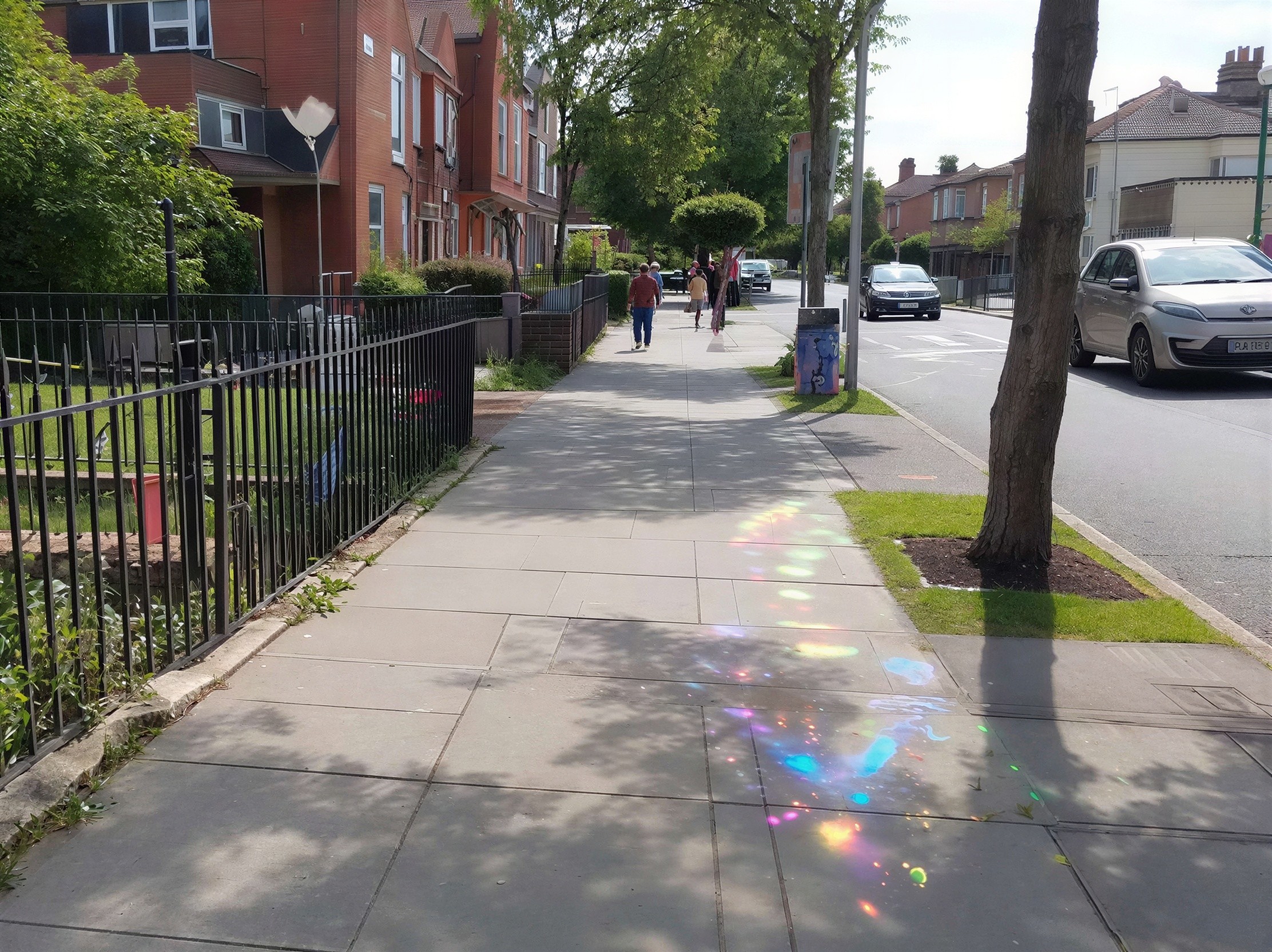 Urban Sidewalk with Colorful Oil Spill Reflection