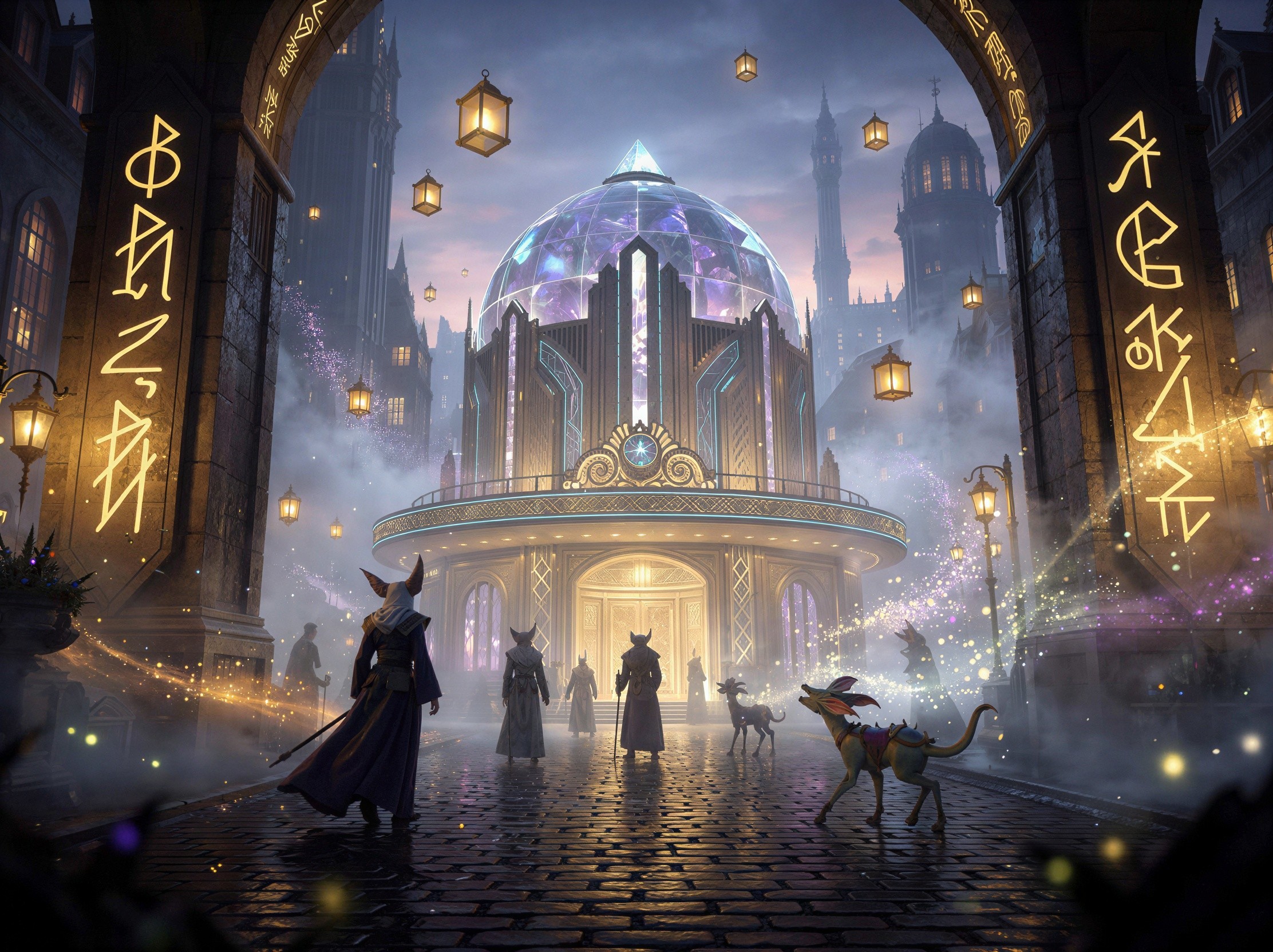 Ornate Fantasy Cityscape at Night with Glowing Elements