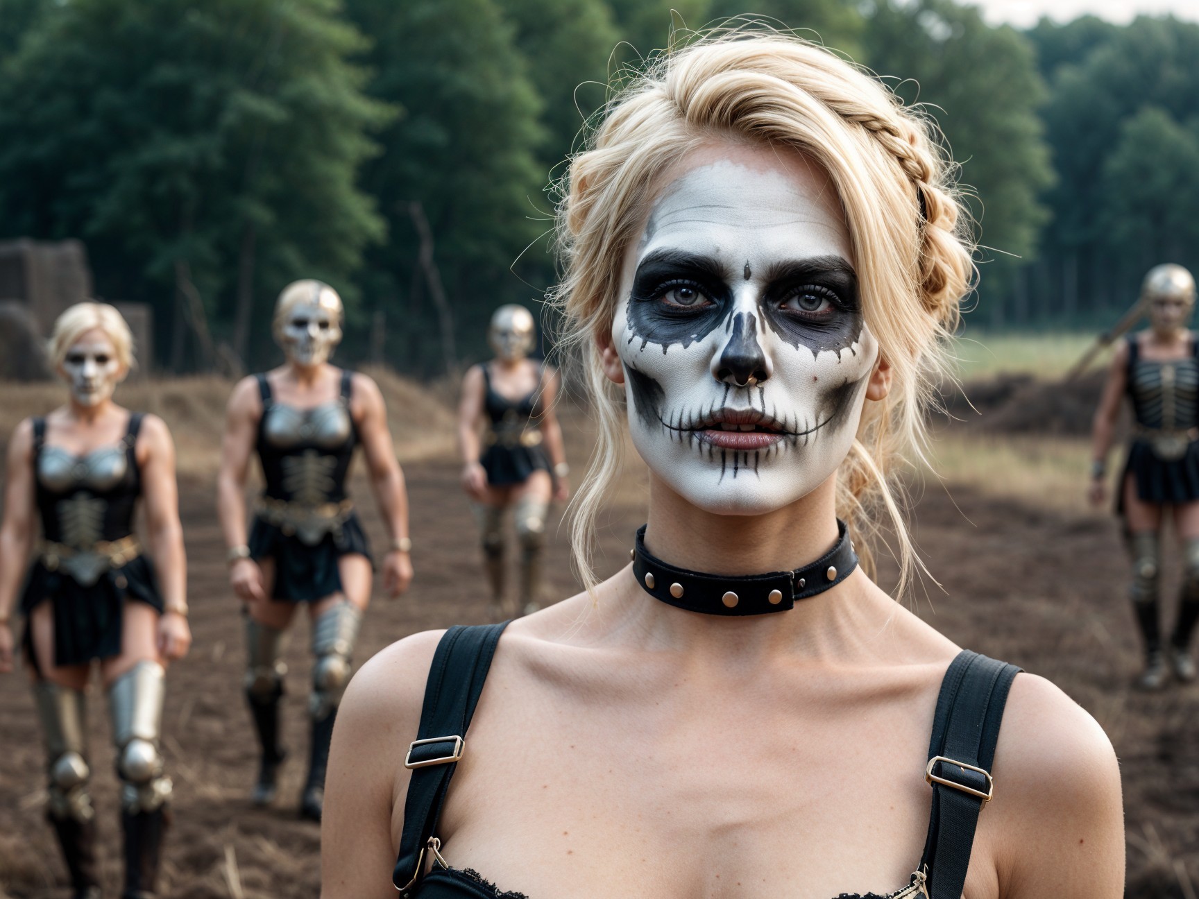 Dramatic Outdoor Scene with Skull Face Paint Figures