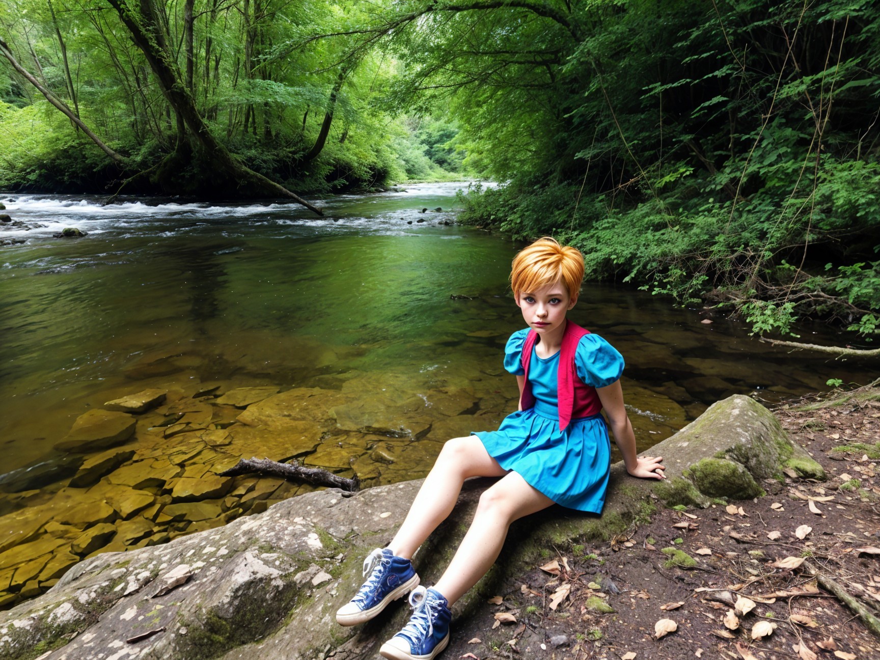Child by Serene Riverbank in Bright Attire