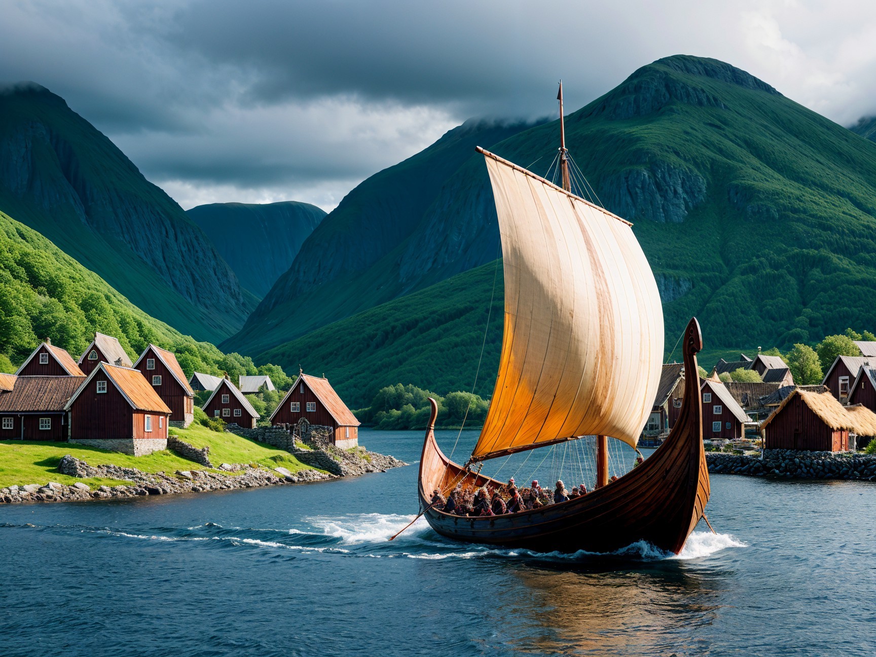 Viking Longship in Serene Fjord with Mountain Backdrop