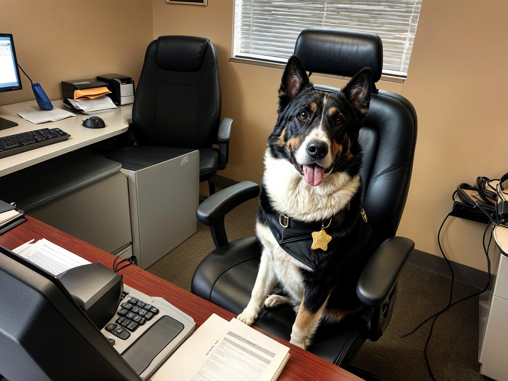 Dog in Office Chair with Star Badge and Natural Light