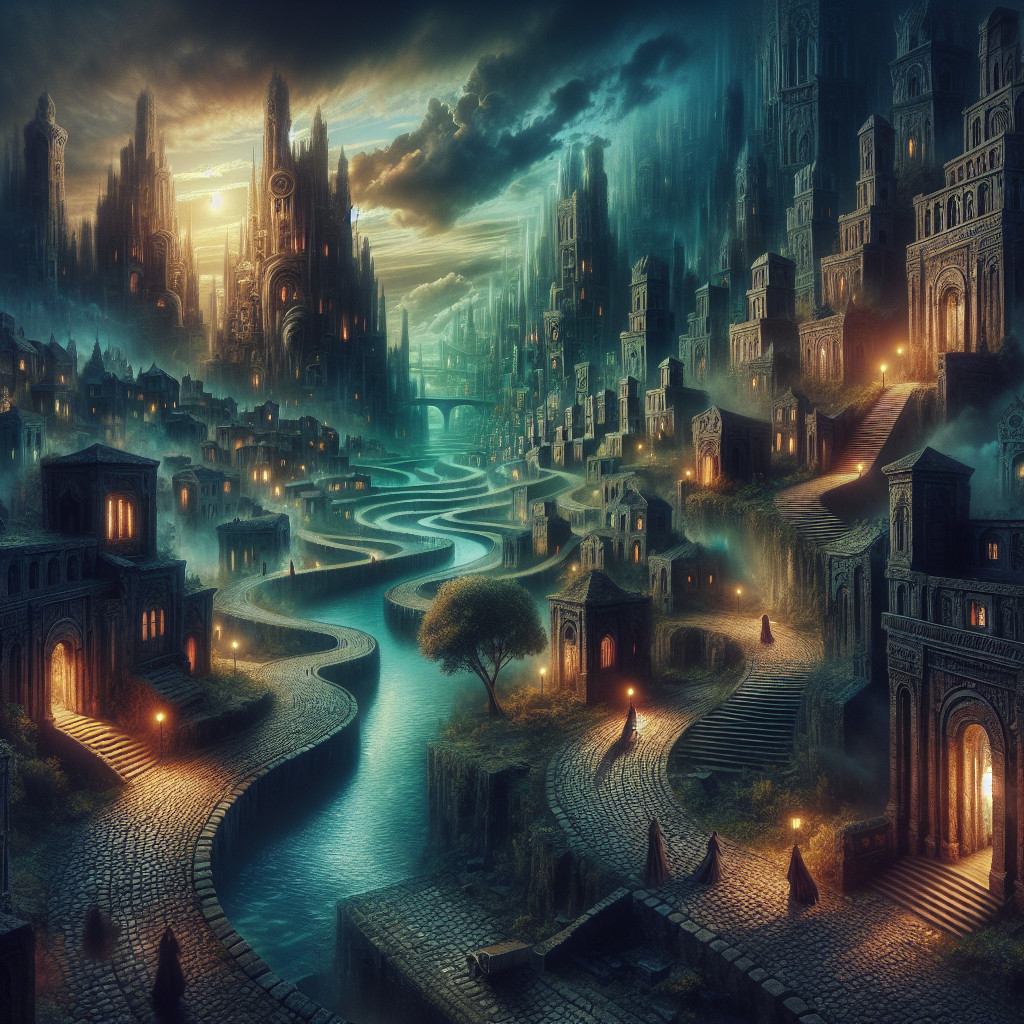 Ancient Cityscape at Twilight with Mystical Features