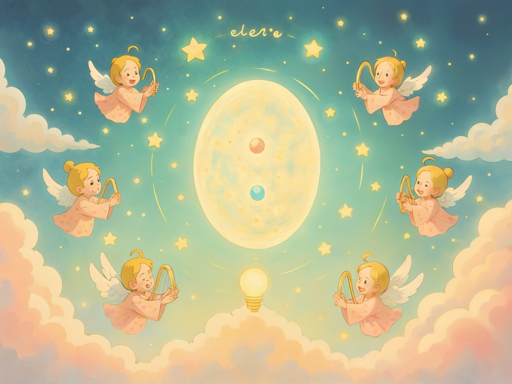 Whimsical Illustration of Angels in a Dreamy Sky