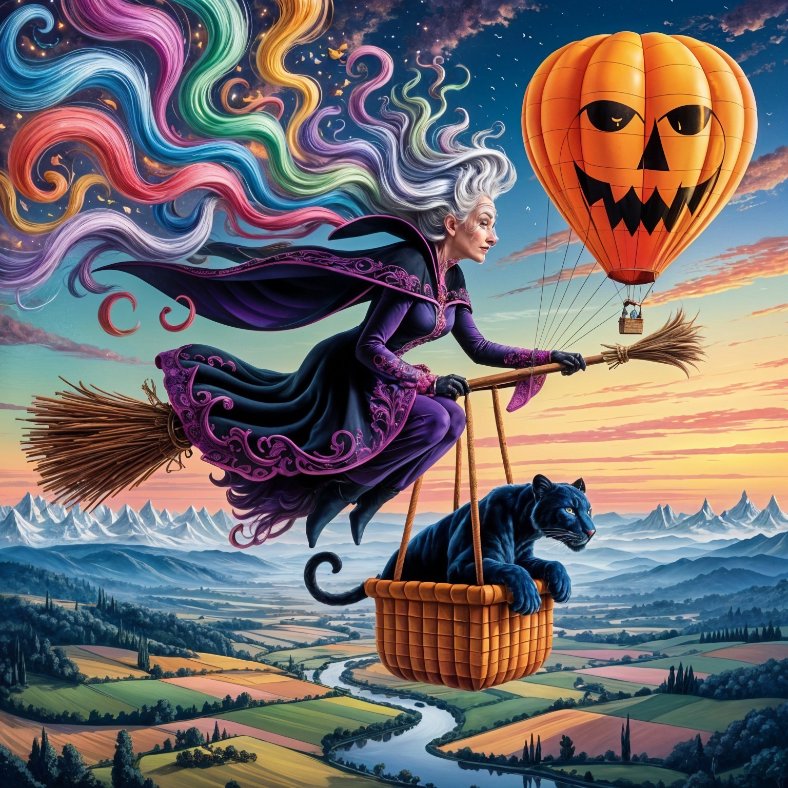 Sorceress on Broomstick with Panther Over Sunset Landscape