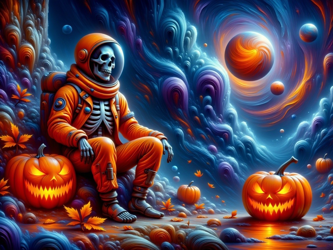 Skeleton in Orange Suit with Pumpkins in Cosmic Scene