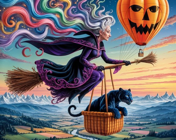 Sorceress on Broomstick with Panther Over Sunset Landscape