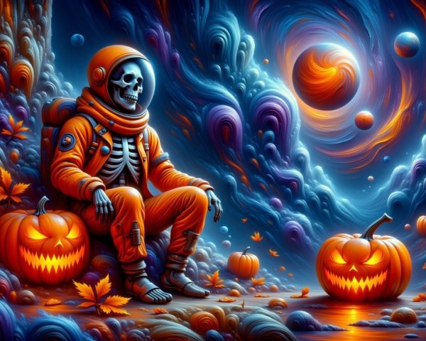 Skeleton in Orange Suit with Pumpkins in Cosmic Scene