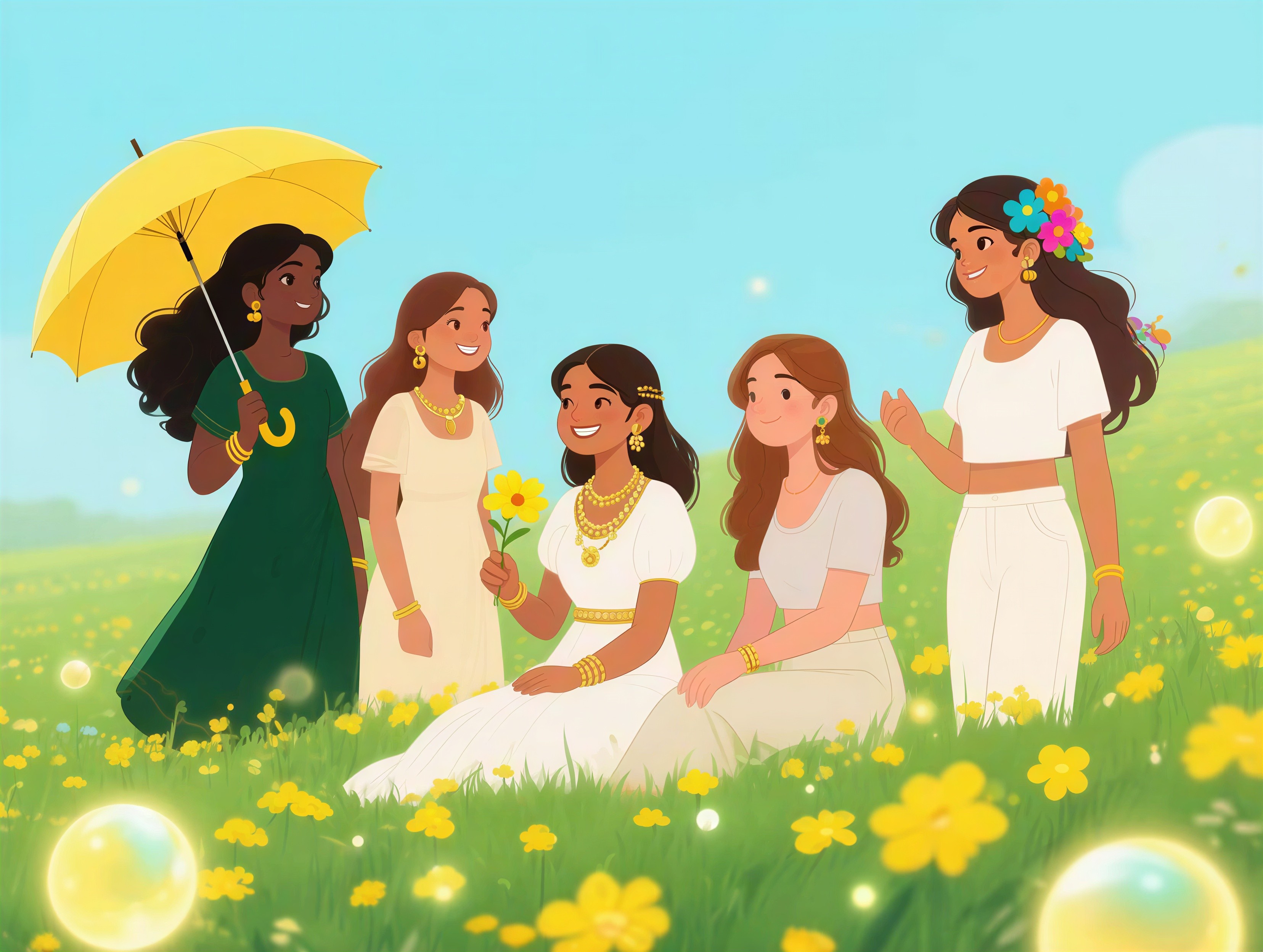 South Asian Women in Whimsical Outfits in Meadow