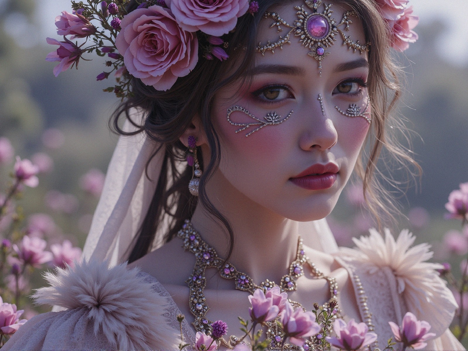 Young Woman in Blooming Field of Pink Flowers
