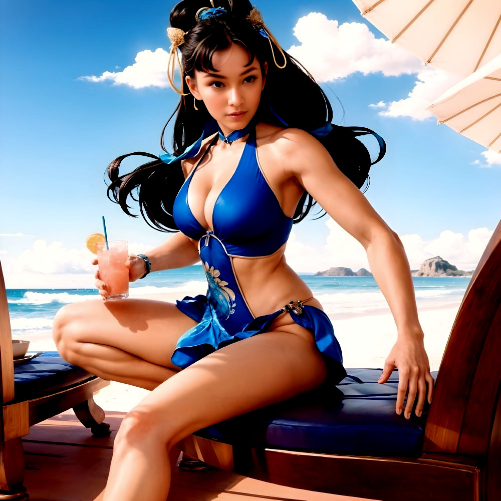Woman in Floral Swimsuit Relaxing on Beach Lounger