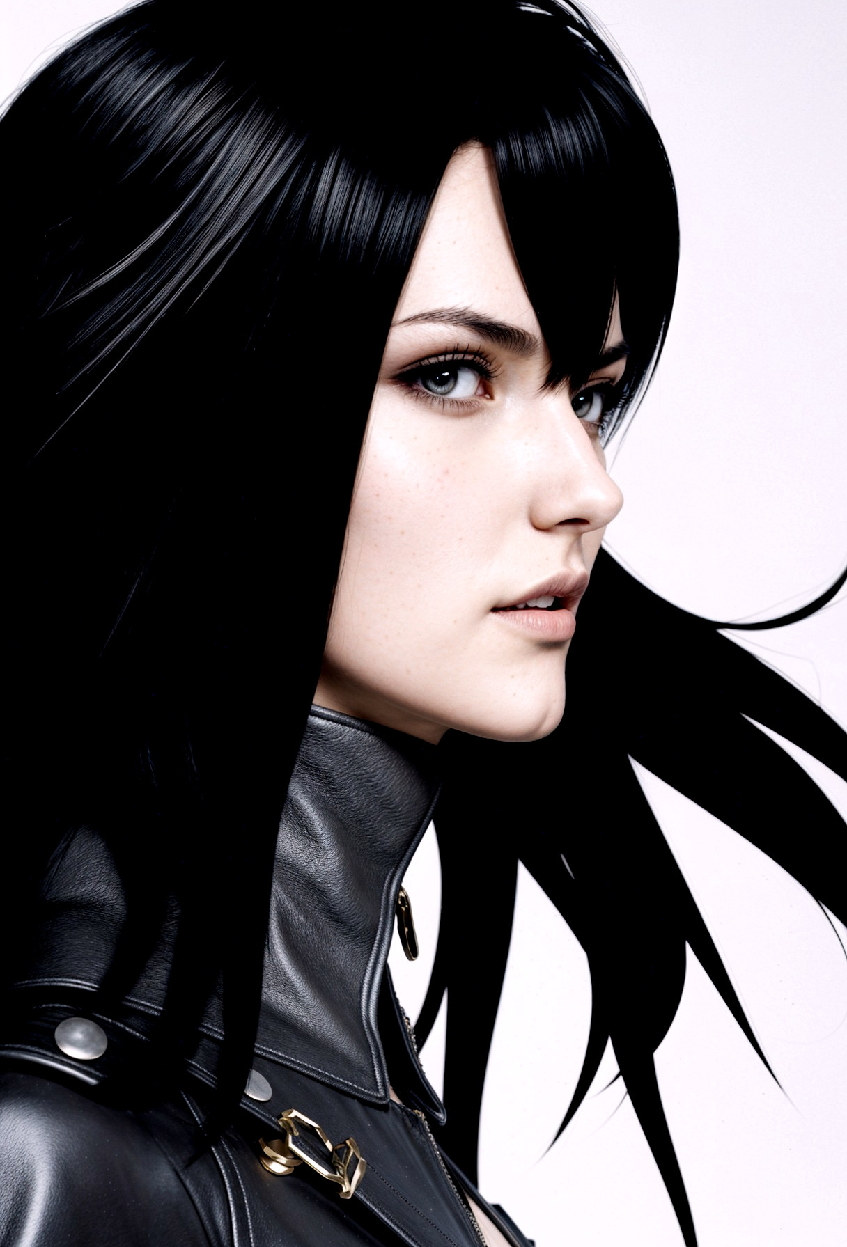 Close-Up Profile of a Woman in Black Leather Jacket