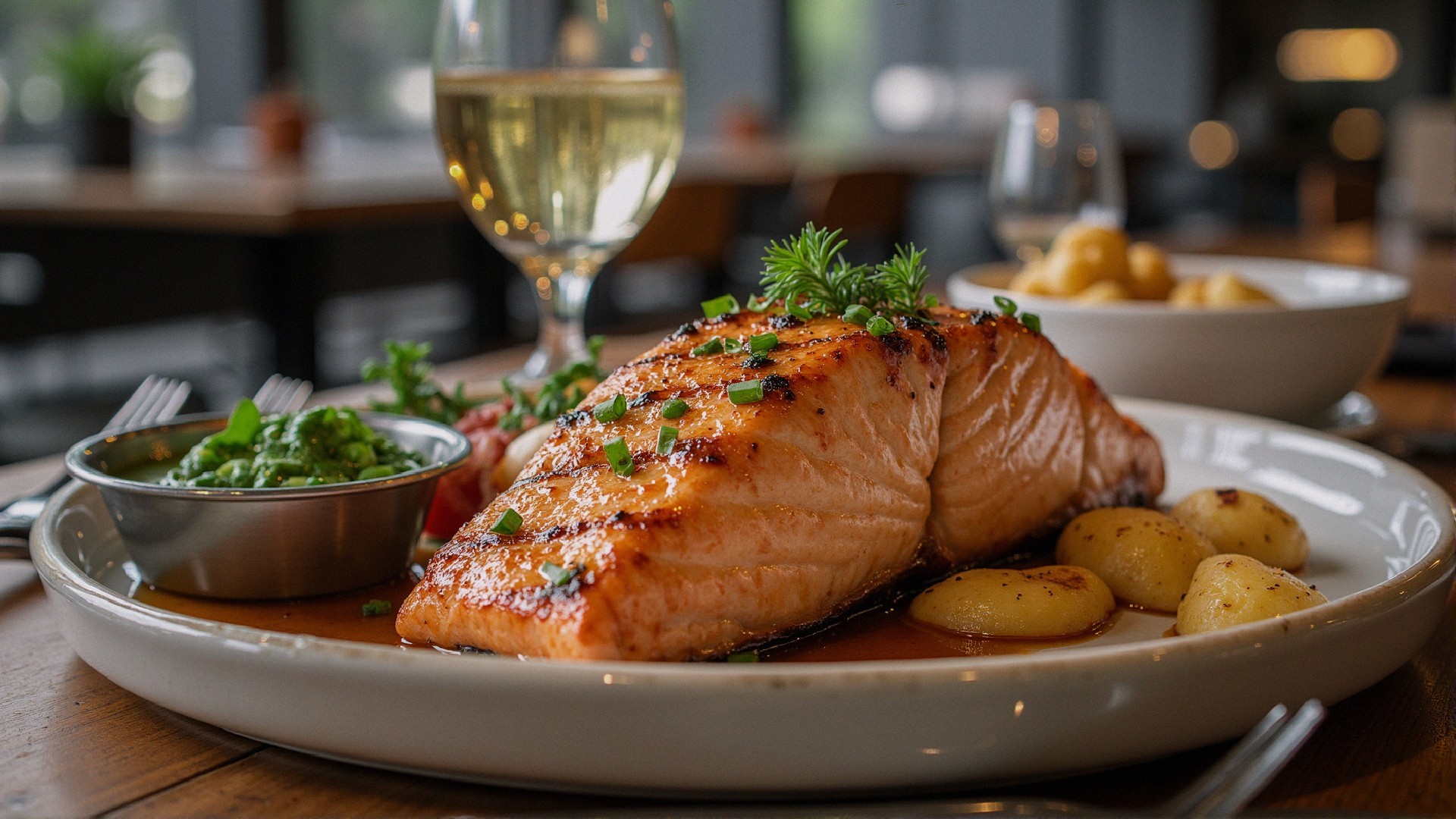 Grilled salmon with baby potatoes and creamy sauce