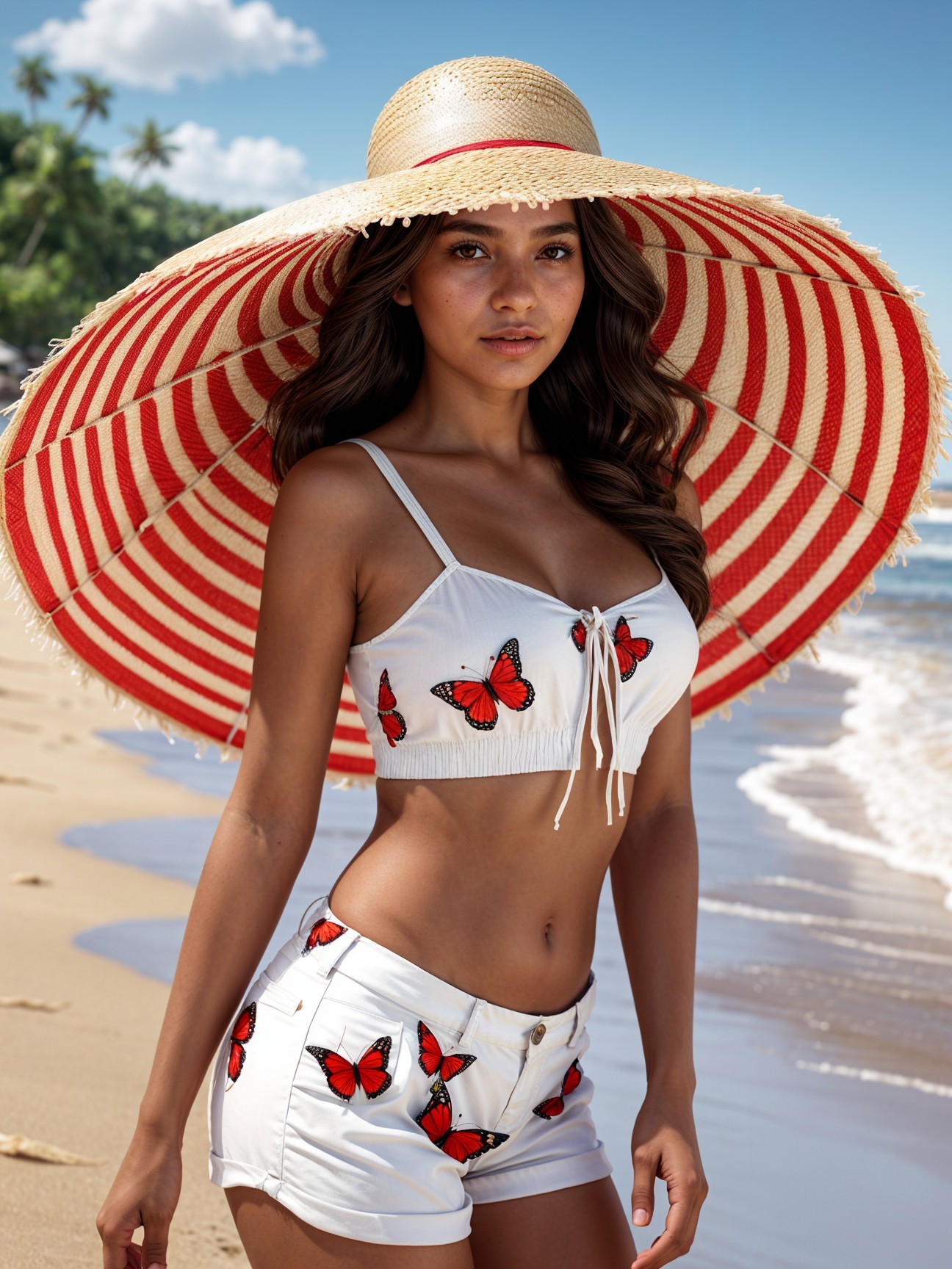 Young woman in beachwear with tropical backdrop