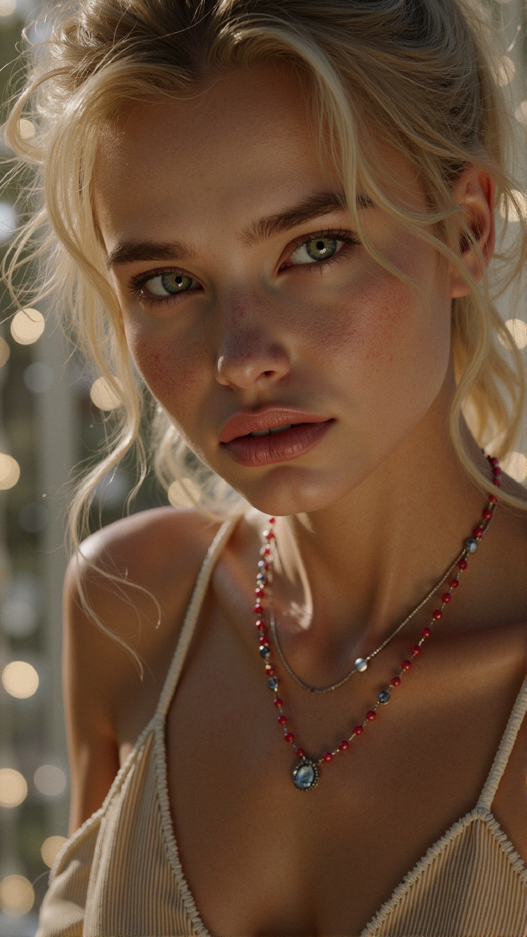 Close-up of a young woman with green eyes and freckles